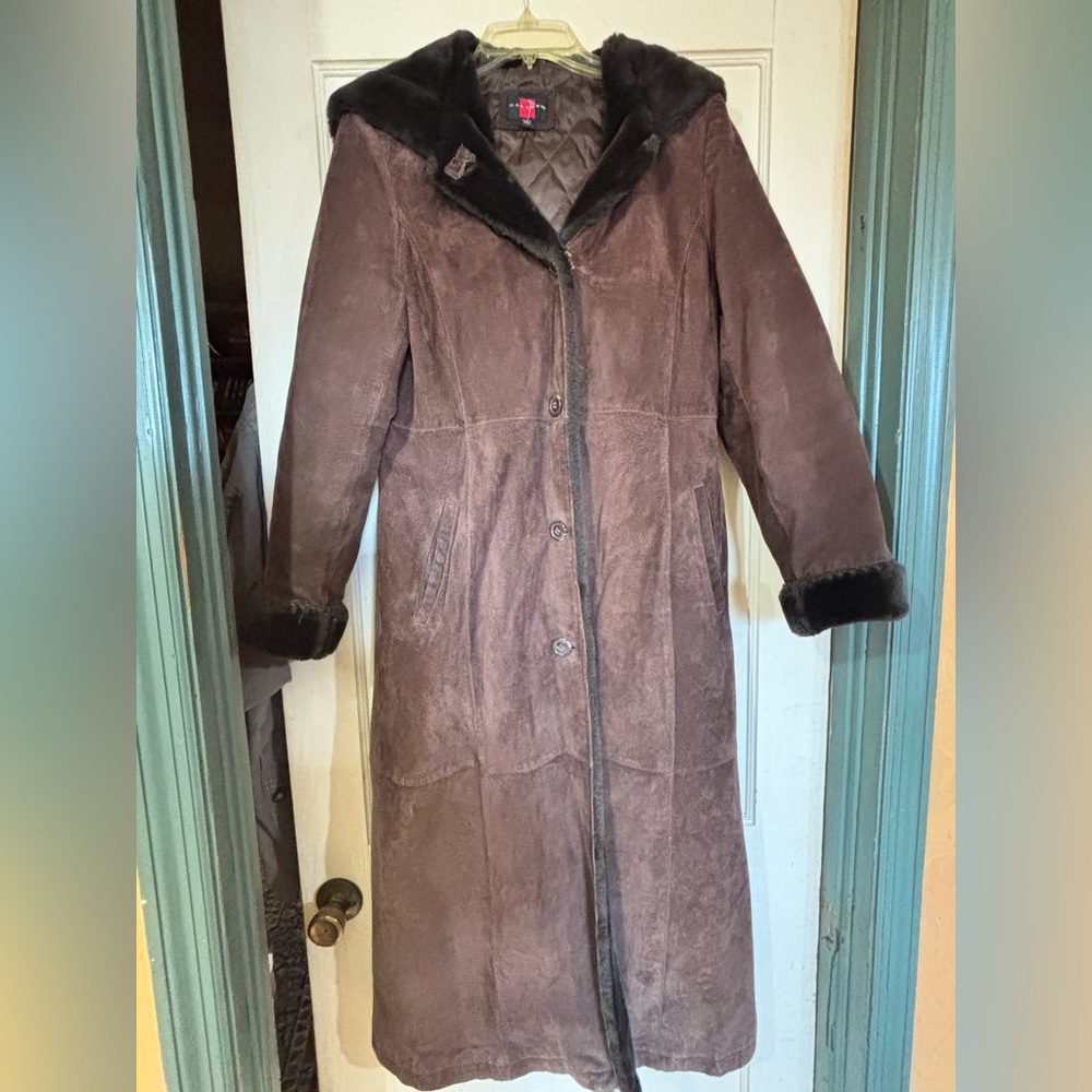 Full Length Dark Brown Genuine Suede Heavy Hooded Coat